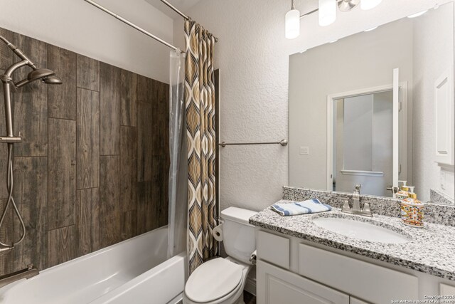 581 Vale Ct, New Braunfels, TX 78132 - bathroom featuring a textured wall, shower / bathtub combination with curtain, vanity, and toilet