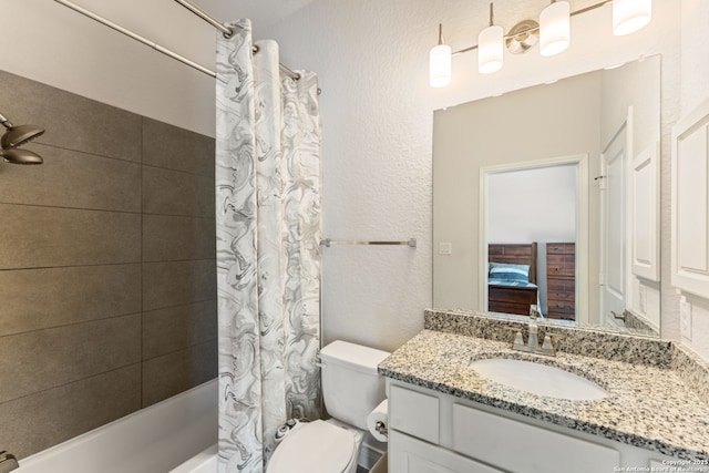 581 Vale Ct, New Braunfels, TX 78132 - ensuite bathroom featuring vanity, a textured wall, toilet, connected bathroom, and shower / bath combo with shower curtain