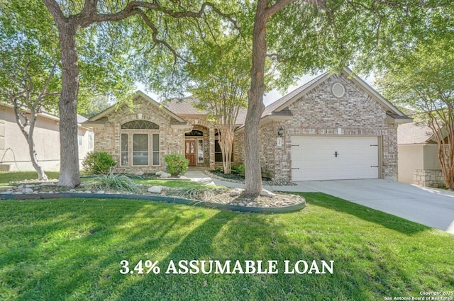 view of front of property with driveway, a front yard, and brick siding