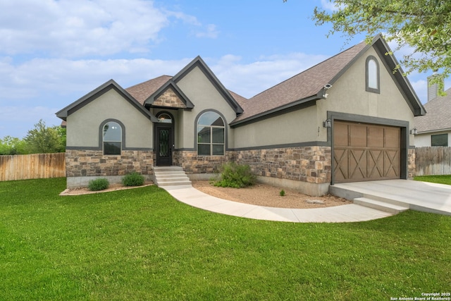291 Strasbourg, Castroville, TX 78009 - view of front of property with stucco siding, stone siding, concrete driveway, roof with shingles, and a garage