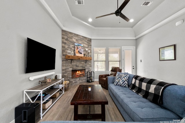 291 Strasbourg, Castroville, TX 78009 - living area with wood finished floors, a ceiling fan, a stone fireplace, and a tray ceiling