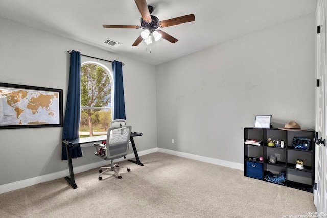 291 Strasbourg, Castroville, TX 78009 - office area featuring a ceiling fan, carpet flooring, and baseboards