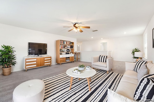 29991 Jove, Bulverde, TX 78163 - living room with carpet floors, ceiling fan, visible vents, and baseboards