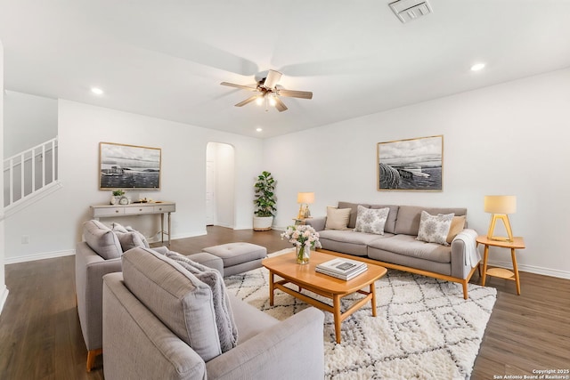 29991 Jove, Bulverde, TX 78163 - living room featuring arched walkways, a ceiling fan, visible vents, stairs, and baseboards