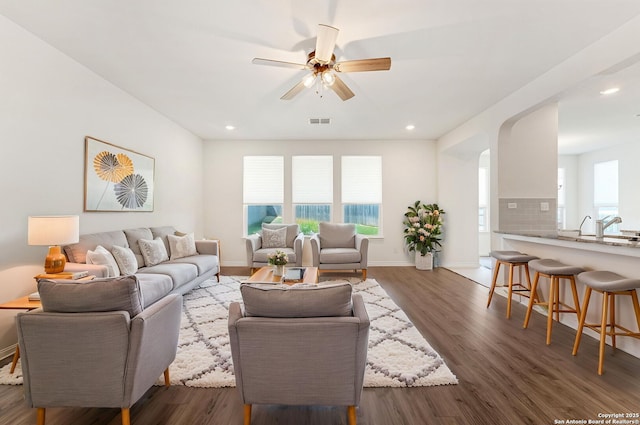 29991 Jove, Bulverde, TX 78163 - living area featuring recessed lighting, dark wood-type flooring, visible vents, and a ceiling fan