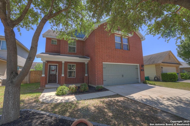 traditional home with an attached garage, a porch, driveway, and brick siding