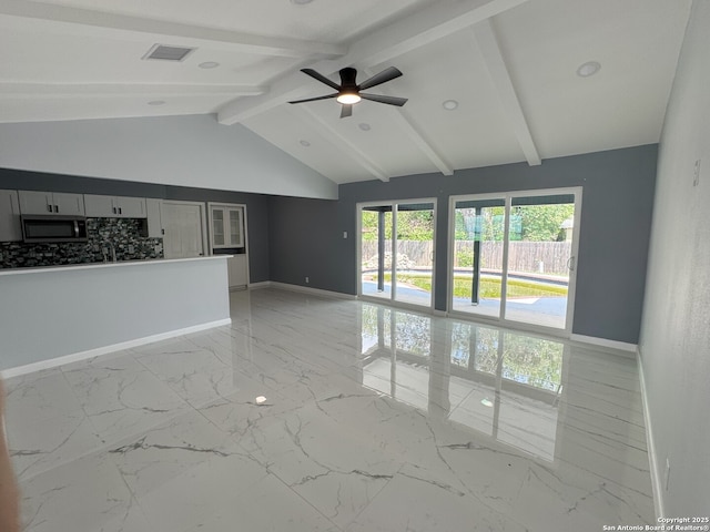 2410 Townbreeze, San Antonio, TX 78238 - unfurnished living room with visible vents, baseboards, lofted ceiling with beams, a ceiling fan, and marble finish floor