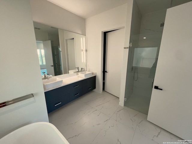 707 Lone Cir, San Antonio, TX 78260 - full bath featuring a sink, a soaking tub, double vanity, marble finish floor, and a stall shower