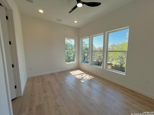 707 Lone Cir, San Antonio, TX 78260 - unfurnished room with ceiling fan, visible vents, recessed lighting, light wood finished floors, and baseboards