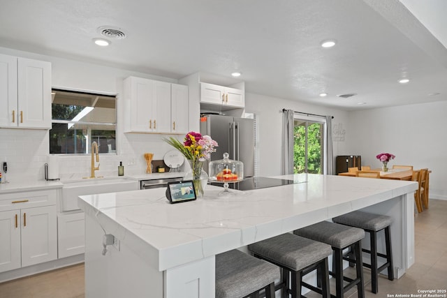 2727 Belvoir, San Antonio, TX 78230 - kitchen featuring tasteful backsplash, visible vents, a center island, a sink, and stainless steel appliances