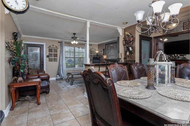 dining area featuring ornamental molding, baseboards, light tile patterned floors, and ceiling fan with notable chandelier