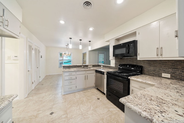 3918 Midvale, San Antonio, TX 78229 - kitchen with black appliances, a peninsula, a sink, tasteful backsplash, and recessed lighting