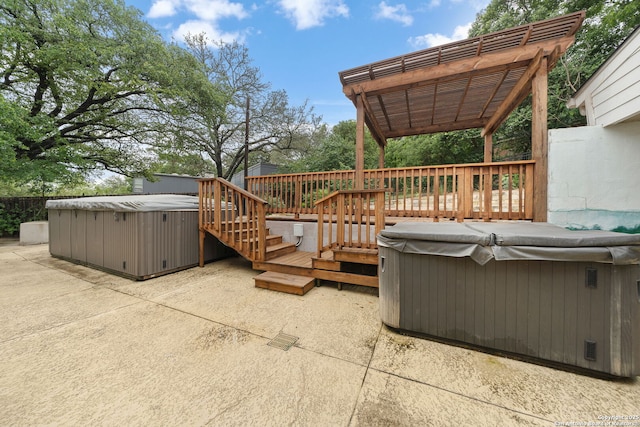 3918 Midvale, San Antonio, TX 78229 - wooden deck featuring a hot tub, a pergola, and a patio
