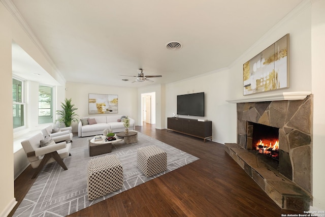 3918 Midvale, San Antonio, TX 78229 - living room with wood finished floors, crown molding, a fireplace, and ceiling fan