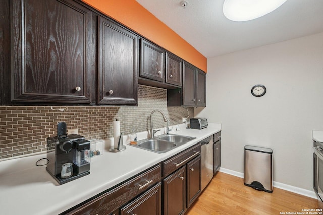 4111 Medical Dr Unit A 204, San Antonio, TX 78229 - kitchen with a sink, light countertops, dark brown cabinetry, light wood finished floors, and tasteful backsplash