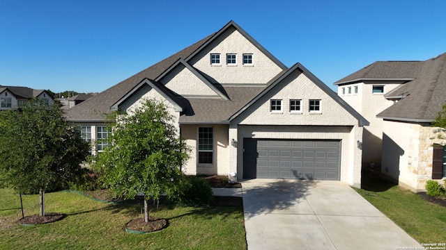 1105 Limestone, New Braunfels, TX 78132 - view of front of property featuring concrete driveway, a front yard, brick siding, a garage, and a shingled roof