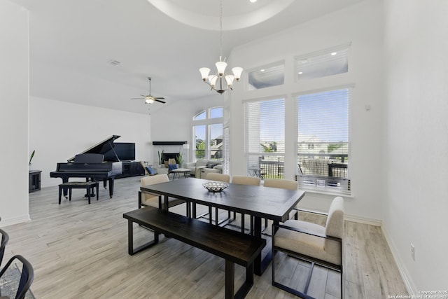 1105 Limestone, New Braunfels, TX 78132 - dining room featuring light wood-type flooring, ceiling fan with notable chandelier, a fireplace, and baseboards