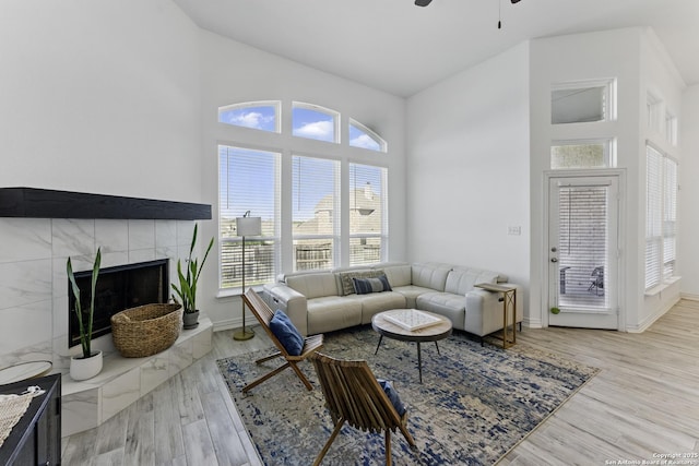1105 Limestone, New Braunfels, TX 78132 - living area featuring ceiling fan, plenty of natural light, wood finished floors, and baseboards