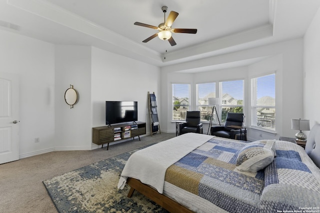 1105 Limestone, New Braunfels, TX 78132 - bedroom with a tray ceiling, a ceiling fan, visible vents, carpet flooring, and baseboards