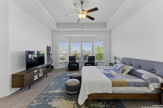 1105 Limestone, New Braunfels, TX 78132 - bedroom with baseboards, ornamental molding, a ceiling fan, carpet floors, and a tray ceiling