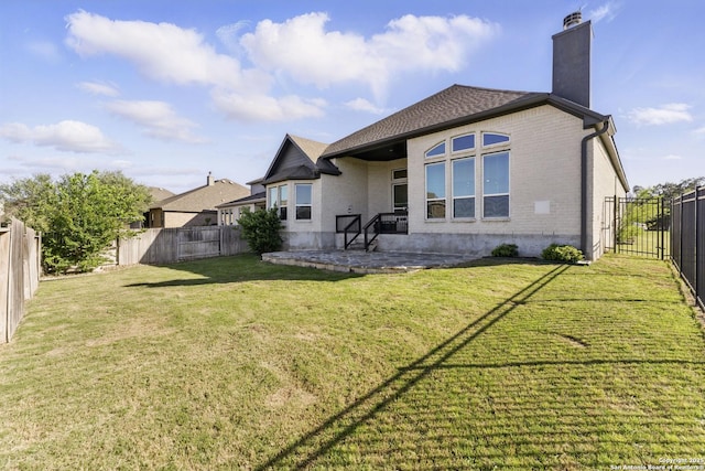1105 Limestone, New Braunfels, TX 78132 - rear view of property with a fenced backyard, a lawn, a patio, brick siding, and a chimney