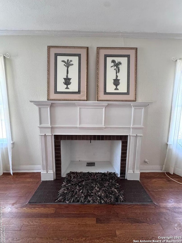 room details with baseboards, wood finished floors, and a fireplace
