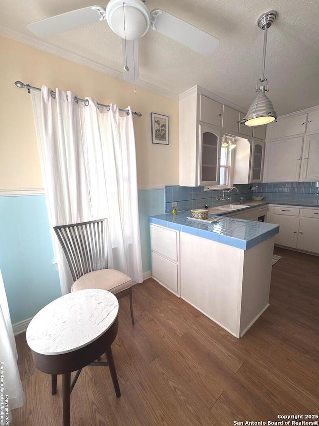 kitchen featuring dark wood-type flooring, a peninsula, ceiling fan, and plenty of natural light