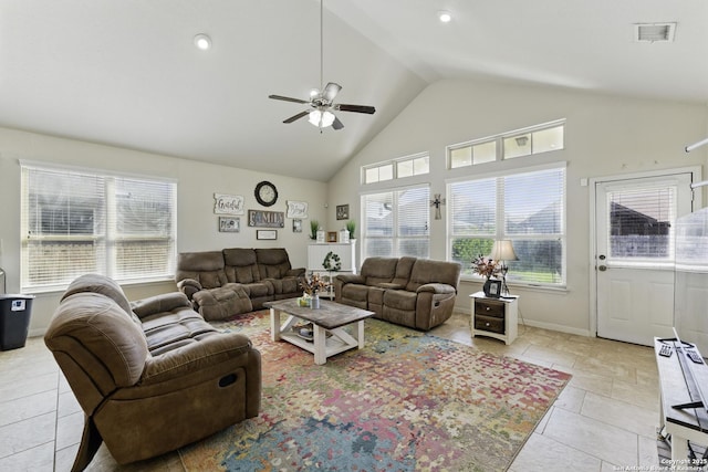 living room with high vaulted ceiling, baseboards, a ceiling fan, and visible vents