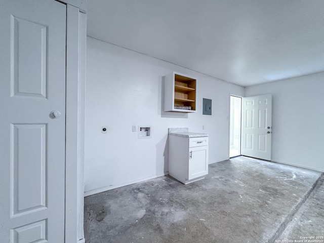 empty room with unfinished concrete flooring and electric panel