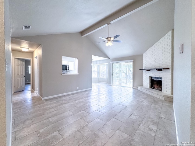 unfurnished living room with visible vents, baseboards, a ceiling fan, a fireplace, and beam ceiling