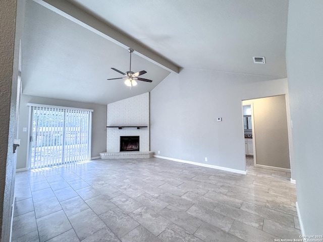 unfurnished living room featuring visible vents, baseboards, a brick fireplace, ceiling fan, and beam ceiling