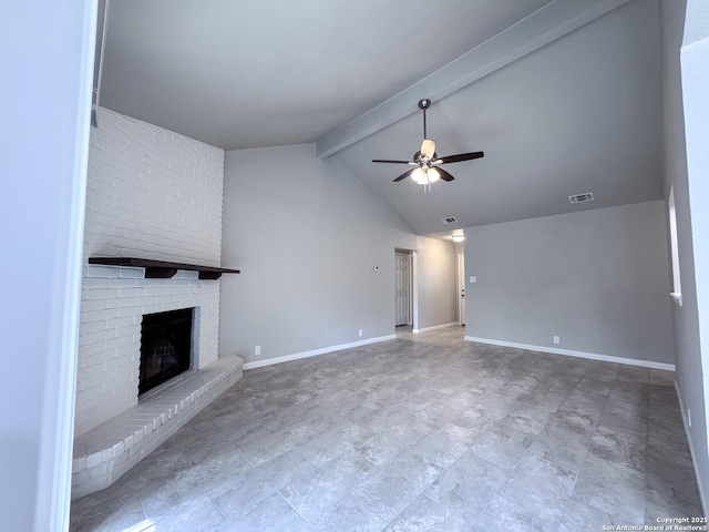unfurnished living room featuring baseboards, lofted ceiling with beams, a brick fireplace, visible vents, and ceiling fan