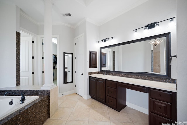 full bath featuring a bath, vanity, ornamental molding, visible vents, and tile patterned flooring