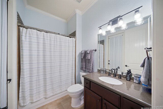 full bath with ornamental molding, toilet, shower / bath combo with shower curtain, vanity, and tile patterned floors