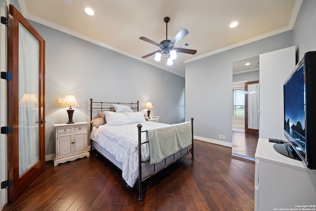 bedroom featuring dark wood-style flooring, baseboards, recessed lighting, and crown molding