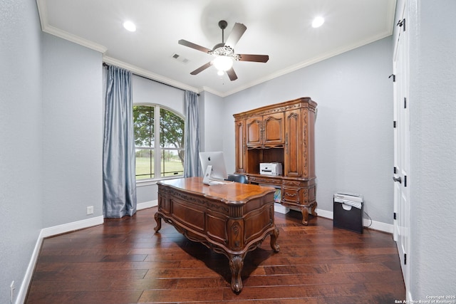 office featuring dark wood-type flooring, visible vents, baseboards, and a ceiling fan