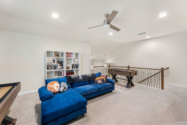 carpeted living area with ceiling fan, vaulted ceiling, visible vents, recessed lighting, and baseboards
