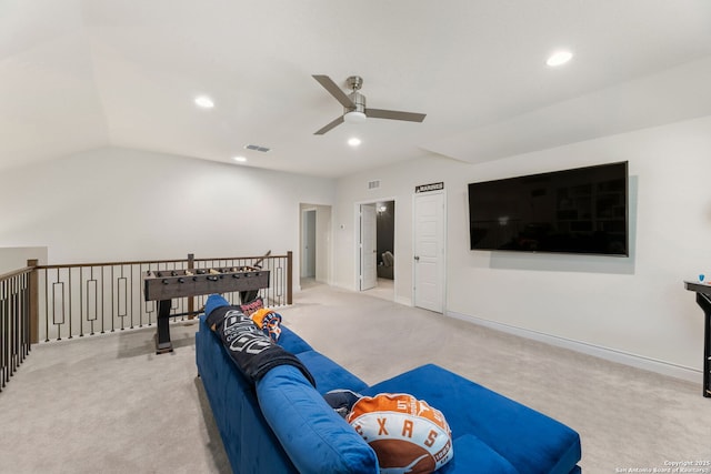 living area with carpet flooring, ceiling fan, visible vents, and recessed lighting