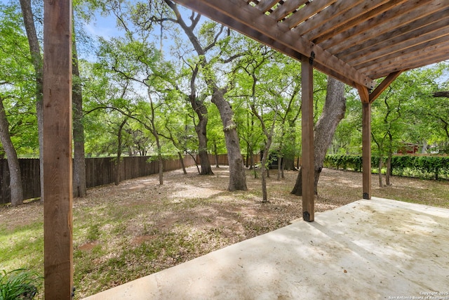 view of yard featuring a pergola, a patio, and a fenced backyard