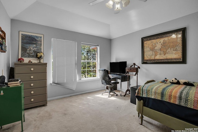8114 Pimlico Ln, Boerne, TX 78015 - carpeted bedroom with lofted ceiling, baseboards, and ceiling fan
