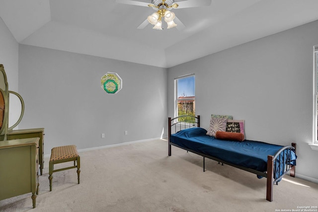 8114 Pimlico Ln, Boerne, TX 78015 - carpeted bedroom with baseboards, a ceiling fan, and lofted ceiling