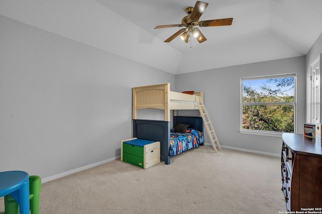 8114 Pimlico Ln, Boerne, TX 78015 - bedroom with ceiling fan, light colored carpet, baseboards, and lofted ceiling