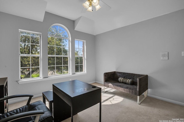 8114 Pimlico Ln, Boerne, TX 78015 - carpeted office space with baseboards, ceiling fan, and vaulted ceiling