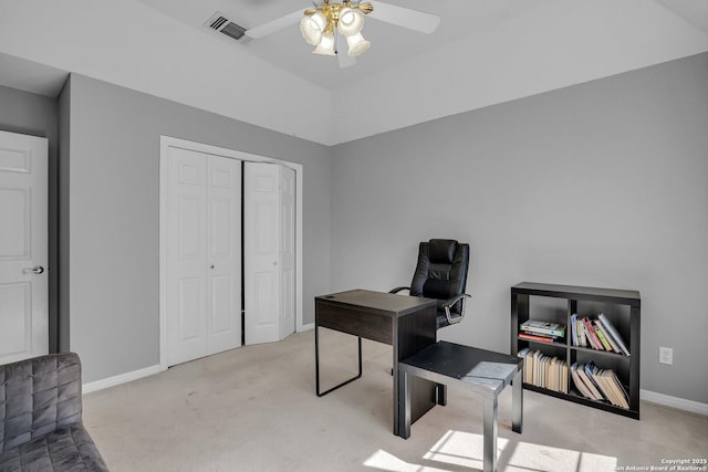 8114 Pimlico Ln, Boerne, TX 78015 - carpeted office featuring baseboards, a ceiling fan, and visible vents
