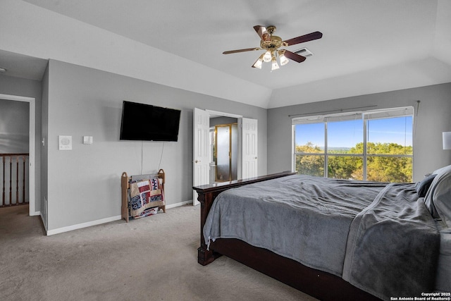 8114 Pimlico Ln, Boerne, TX 78015 - carpeted bedroom with ceiling fan, baseboards, vaulted ceiling, and visible vents