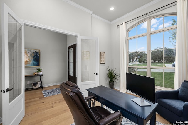 1064 Spanish Trl, New Braunfels, TX 78132 - office space featuring baseboards, crown molding, light wood finished floors, recessed lighting, and french doors