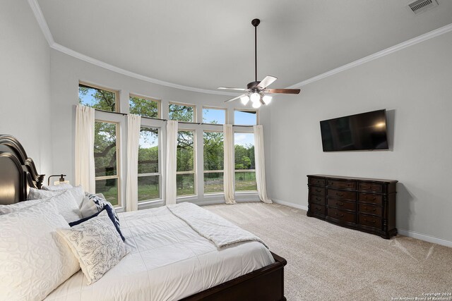 1064 Spanish Trl, New Braunfels, TX 78132 - bedroom with baseboards, crown molding, carpet floors, visible vents, and ceiling fan