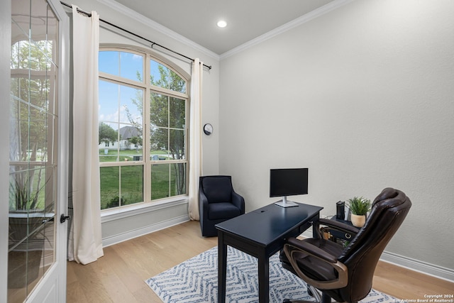1064 Spanish Trl, New Braunfels, TX 78132 - office with ornamental molding, baseboards, recessed lighting, and wood finished floors