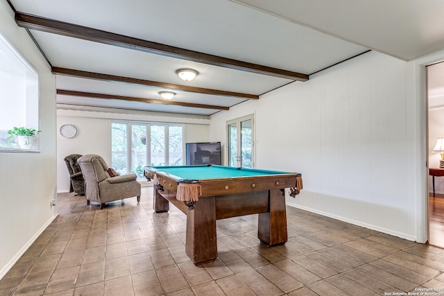playroom with beamed ceiling, tile patterned flooring, pool table, and baseboards