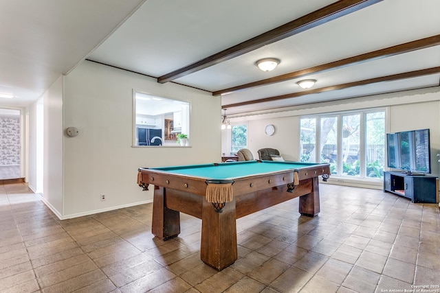 rec room featuring beamed ceiling, baseboards, pool table, and a wealth of natural light